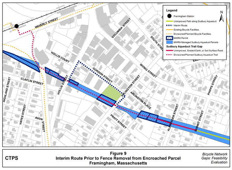 Figure 9 – Map illustrating an interim route for the Sudbury Aqueduct Trail prior to the removal of the fence (located beside the Arlington Street Basketball Park and behind the Amazing Things Arts Center) from atop the aqueduct. Figure 9 – Map illustrating an interim route for the Sudbury Aqueduct Trail prior to the removal of the fence (located beside the Arlington Street Basketball Park and behind the Amazing Things Arts Center) from atop the aqueduct.